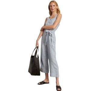 Everlane Linen Square Neck Blue Pinstripe Button Down Tie Front Jumpsuit‎ 2 NWOT